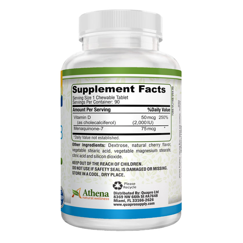 Athena - Vitamin D3 2000IU with K2 (MK7) - 90 Chewable Tablets - Supports Immune System - Muscle Energy - Strong Bones - Healthy Dental