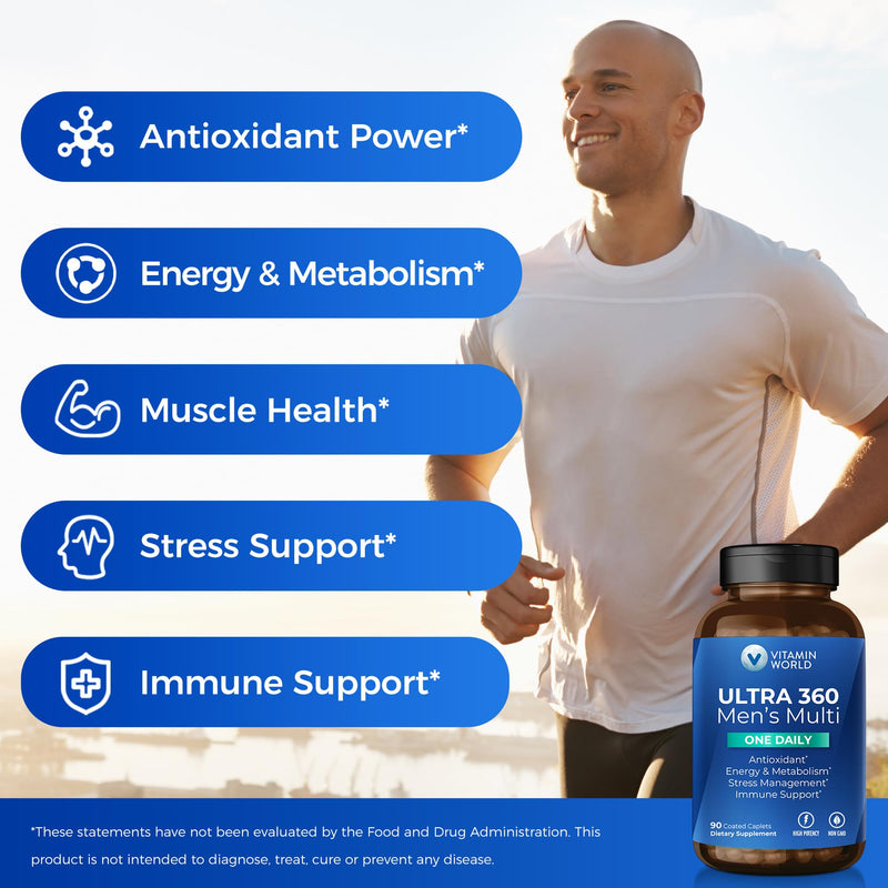 Vitamin World Ultra 360 Multivitamin for Men One Daily, Antioxidant Support | Men's Multivitamin with Minerals & Herbs, Vitamin A, C, D, E & Zinc for Energy & Immune Support, 90 Caplets
