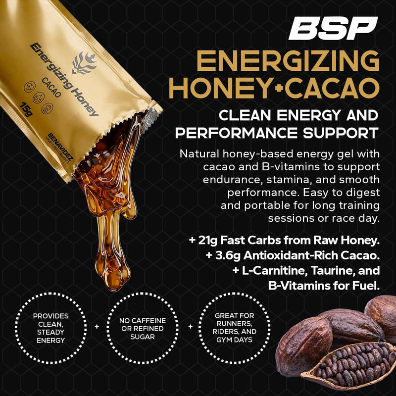 Benavidez Energizing Honey + Cacao Gel - 12 × 15 g Single-Serve Pouches | Raw Honey & 3.6 g Cacao with L-Carnitine, Taurine, B-Vitamins | Natural Endurance Fuel | Caffeine Free