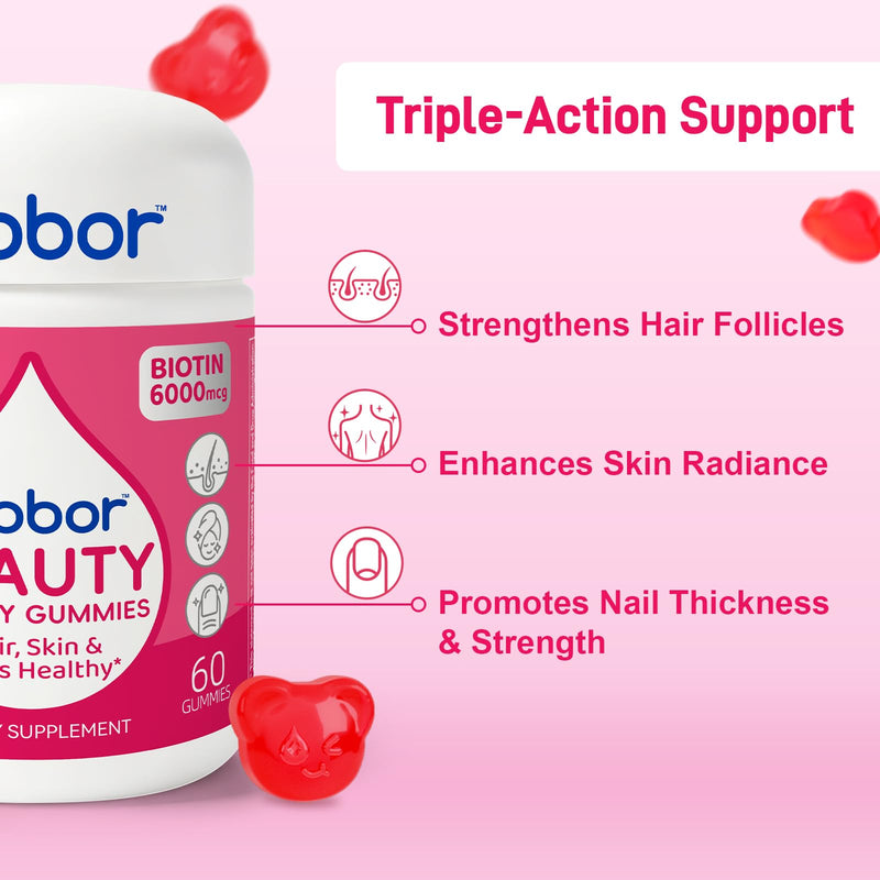 Biobor Hair Skin & Nails Gummies, 6000 mcg Biotin for Beauty Support, 60 Ct | Daily Beauty Gummies for Adult with Biotin and Vitamins A, C & E. Strawberry Flavor. No Sugar Added, Gluten free, Non-GMO. 60 Count (Pack of 1)