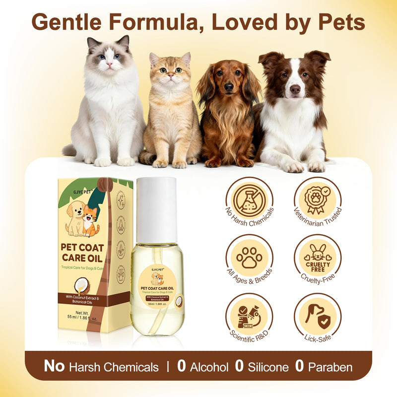 Pet Coat Care Oil, Coconut & Jojoba Infusion | Nourishing Serum to Reduce Stubborn Knots, UV Heat Shield; Anti-Static Lipid Repair for Dry Damaged Fur, Lick-Safe Treatment Dogs Cats, 55ml Tropical Coconut
