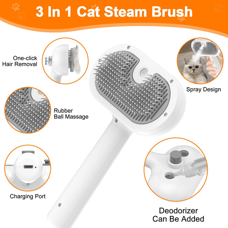 BIRDTOBR Steamy Cat Brush, 3 in 1 Cat Brush with Steam, Multifunctional Cat Spray Massage Comb, Steamy Cat Brush Eliminate Flying Hair with One Button for Cat and Dog-White White - BeesActive Australia