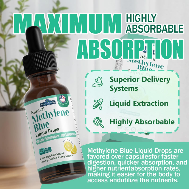 2 Pack Methylene Blue Drops for Humans Pharmaceutical Grade, 11-in-1 Brain Formula w. Vitamin C Ester, Cacao & Phosphatidylserine, Support Cognitive, Memory & Focus, Third Party, Formaldehyde-Free Lemon 2 Fl Oz (Pack of 2)