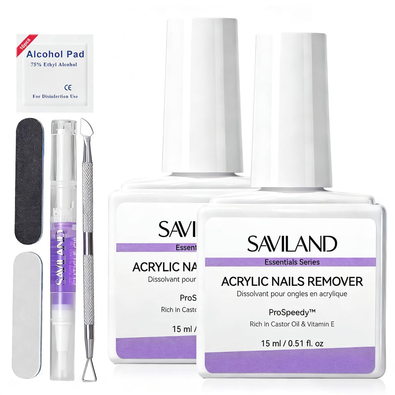 SAVILAND Acrylic Nail Remover Kit 2 Pcs: Powerful Rapid Dissolution Acrylic Remover with Cuticle Oil & Nail File Tools, No Soaking No Wrapping, Gentle Professional Set for Home Use 16pcs