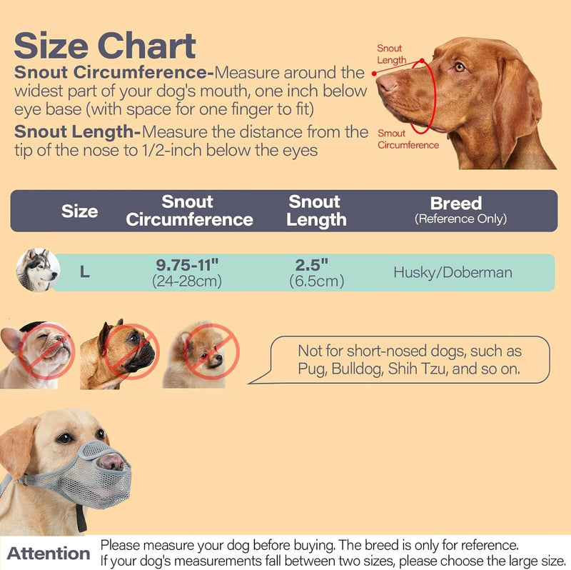 Muzzle for Dogs Muzzle Medium Dogs Muzzle for Large Dogs Muzzle Dog Adjustable Puppy Muzzles for Catching Biting, Licking and Chewing, Allows Panting and Drinking (L, Grey) - BeesActive Australia