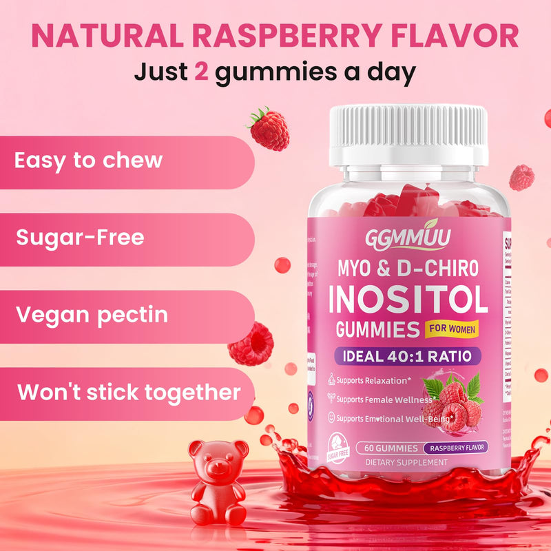 Myo-Inositol & D-Chiro Inositol Gummies for Women, 120 Count | 1000mg+25mg 40:1 Ratio, with Vitamin D3, Magnesium Glycinate, Folate & Zinc, Vegan, Sugar Free, Non-GMO, Raspberry Flavor 60 Count (Pack of 2)