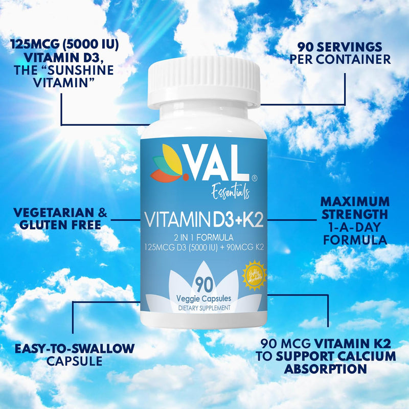 VAL Vitamin D3 + K2 (MK-7) 5000 IU & 90 mcg – Bone & Heart Health Support – High Potency, Non-GMO, Easy to Swallow – 90 Vegan Capsules – D3 K2 Supplement Made in USA 90 Count (Pack of 1)