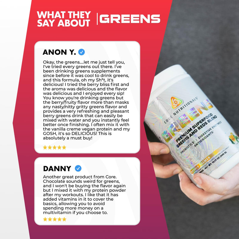 Core Nutritionals Greens, Digestive Support, Berry Bliss, 30 Servings | Daily Wellness Support, Reds & Greens Superfood Blend, 5 Billion CFU Probiotics, Digestive Enzymes, Antioxidants 11.85 Ounce (Pack of 1)