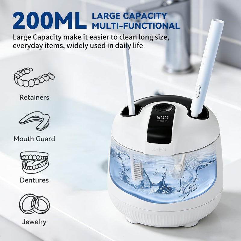 Ultrasonic Retainer Cleaner Machine 48kHz, Cordless Dental Cleaning Pod, Ultrasonic Retainer Cleaner for Aligners, Dentures, Mouth Guards, Toothbrush Heads and Jewelry with 200ML Capacity, LAB Supply White - BeesActive Australia