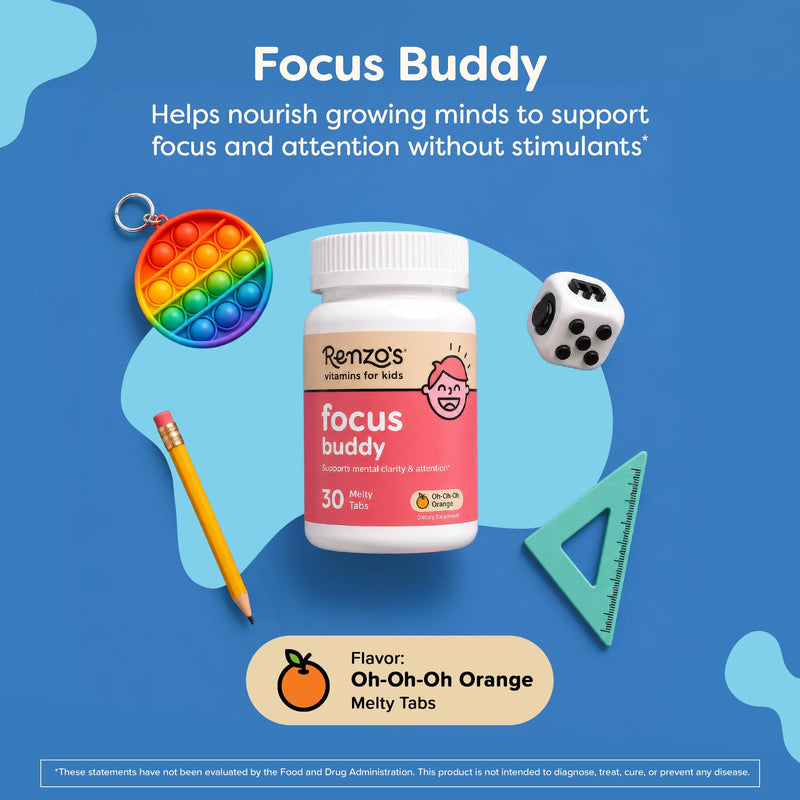 Renzo's Focus Buddy Kids Brain Support, Dissolvable Tabs, 30-Count | Citicoline, Lutein, B12, Folate, Focus & Attention Support, Stimulant-Free, Sugar-Free, Orange Flavor, 1-Month Supply