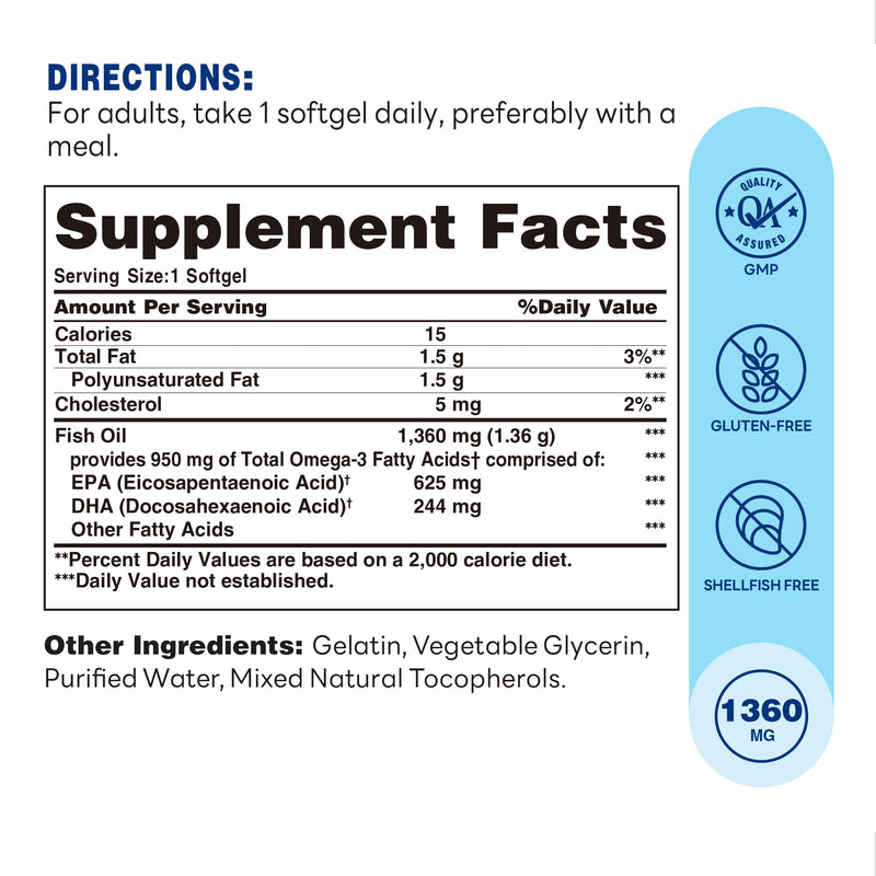 Vitamin World Triple Strength Omega 3s Fish Oil 1360 mg, 180 Softgels | High Potency Omega 3s with EPA & DHA 950 mg, Supports Heart, Brain & Joint Health, Gluten Free, 6 Months Supply 180 Count (Pack of 1)