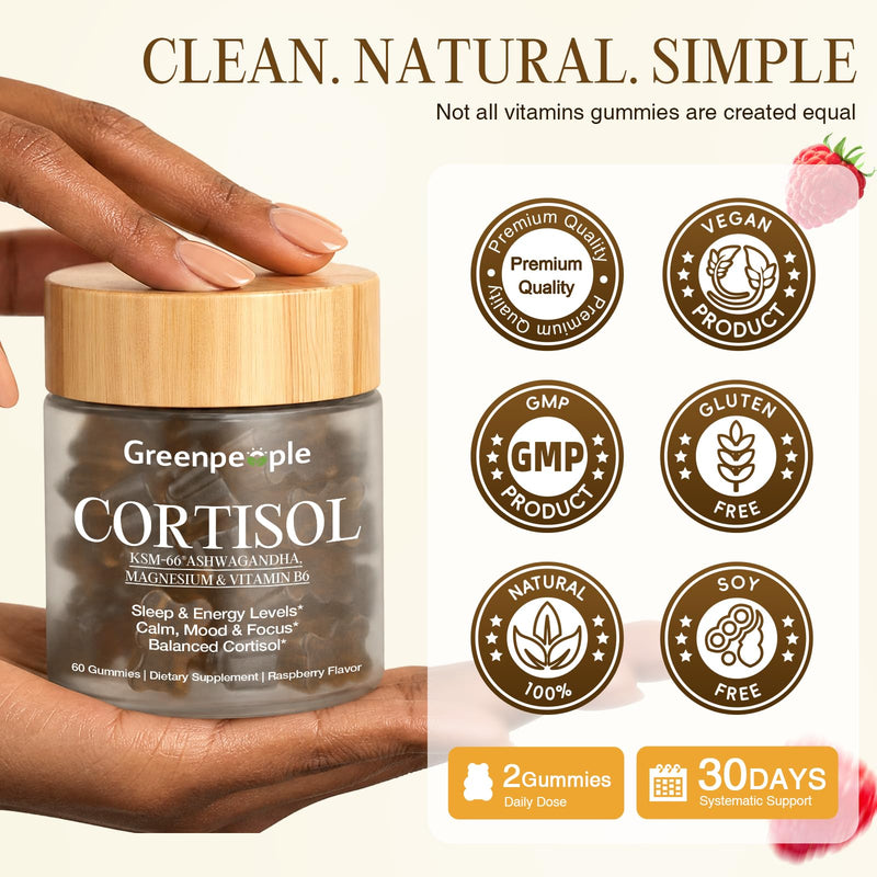GREENPEOPLE Cortisol Reducer Supplements for Women & Men | Cortisol Manager Detox w/KSM-66 Ashwagandha/Magnesium/GABA for Sleep/Stress Relief/Mood 60 CT Raspberry Flavor Gummies 60 Count (Pack of 1)