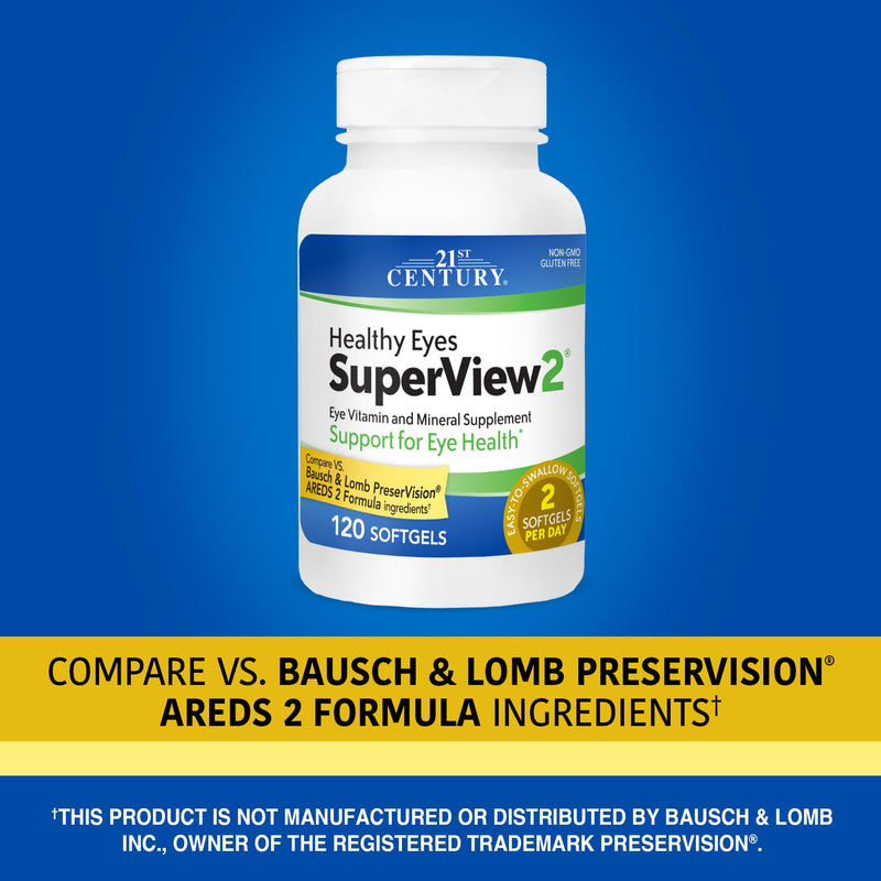 21st Century Healthy Eyes SuperView Eye Vitamin Softgels, 120 Count | High-Potency Eye Vitamin & Mineral Softgels with Vitamin C, Compare VS. Bausch + Lomb PreserVision® AREDS 2 Formula, Non-GMO Unflavored 120 Count (Pack of 1)