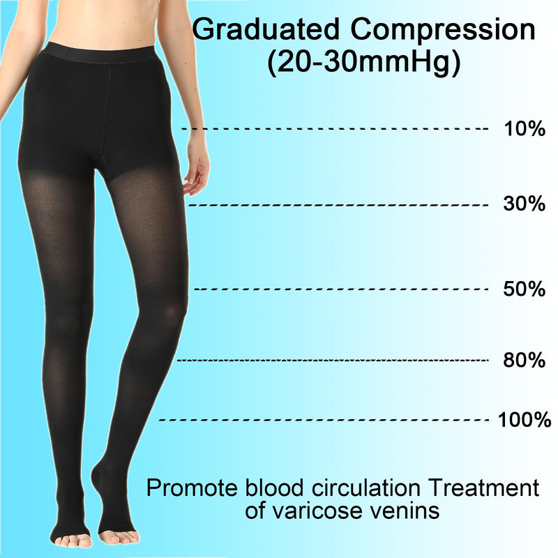 Medical Compression Pantyhose For Women & Men,20-30 mmHg Medical Grade Support Hose Tights For DVT,Pregnancy,Varicose Veins,Relief Shin Splints,Edema,Swelling Open Toe Black Medium