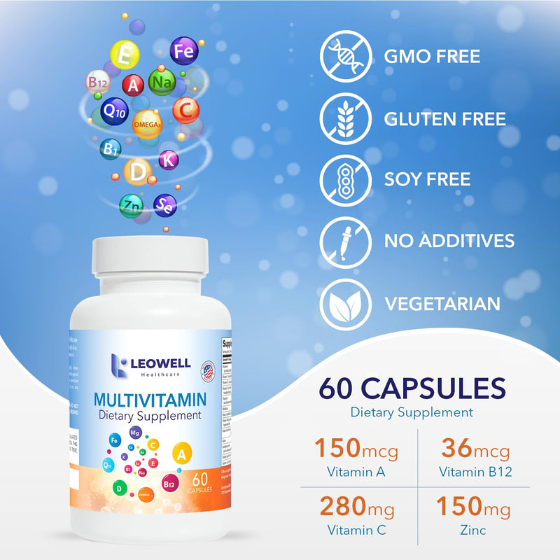 Leowell Multivitamin for Men & Women Daily Vitamin & Mineral Complex with Vitamin A, C, D, E, B-Complex, Zinc, Iron & Magnesium Immune & Energy Support 60 Capsules