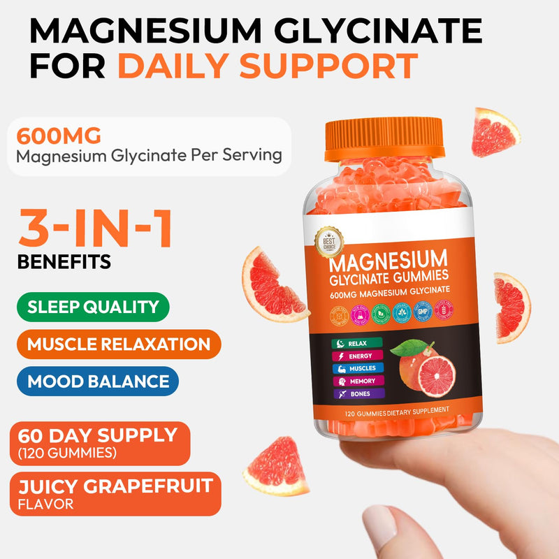 Magnesium Glycinate Gummies, High Absorption Magnesium Complex, Grapefruit | Magnesium Glycinate Gummies with Calcium, Vitamin B6 & D3. Sugar Free Chews, 120 Count, Supports Relaxation & Nighttime 120 Count (Pack of 1)