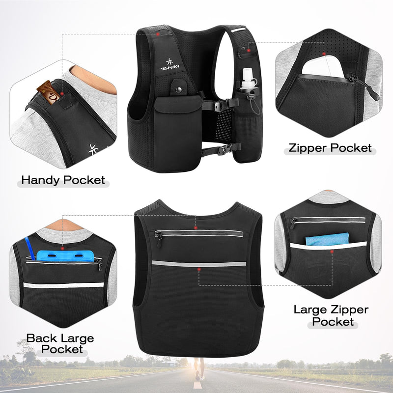 Running Vest for Women Men, Lightweight Breathable Hydration Vest with 500ml Soft Flask, Adjustable Reflective Running Vest with Pockets for Trail Running Hiking Medium-Black