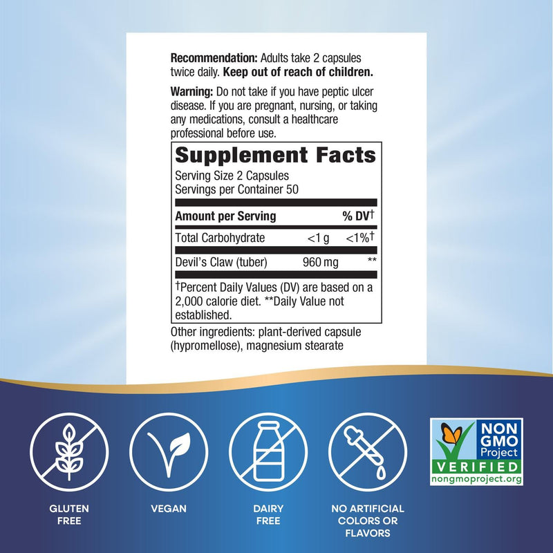 Nature’s Way Devil's Claw Root, Traditional Joint Support*, 960 mg per 2-Capsule Serving, Gluten-Free, Non-GMO Project Verified, 100 Vegan Capsules (Packaging May Vary)