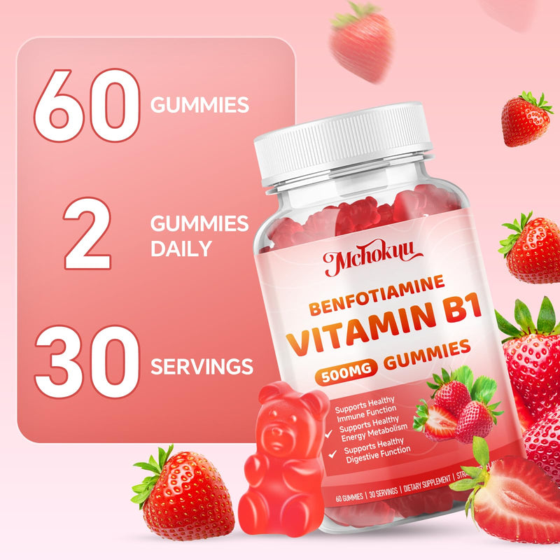 Vitamin B1 Gummies 500mg with Benfotiamine – Thiamine Supplement for Women & Men Supports Healthy Energy Metabolism & Immune, Sugar-Free | Vegan | Non-GMO, Natural Strawberry Flavor, 60 Count 60 Count (Pack of 1)