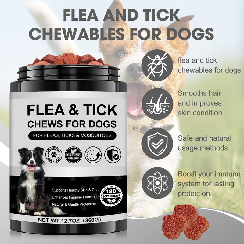 Dog Flea and Tick Chewable Supplement – Natural Support for Skin & Coat Health, Seasonal Comfort & Itch Relief – 180 Soft Chews with Chicken Flavor for Dogs & Puppies (180pcs) 180pcs