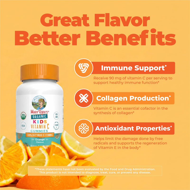 MARYRUTH'S Kids Vitamin C Gummies, 60 Servings, Immune Support Supplement | USDA Organic, Vegan, Non-GMO, Gluten Free