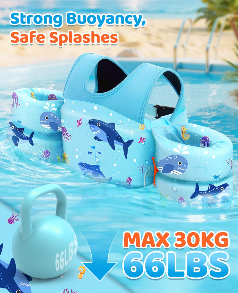 HeySplash Swim Vest for Kids, Toddler Pool Floaties, Children Swimming Vest with Adjustable Strap, Swim Jacket Water Wing Arm Float, Puddle Sea Beach Boat Jumper Boy Girl Baby A Blue Shark for kids 33-66 lbs - BeesActive Australia