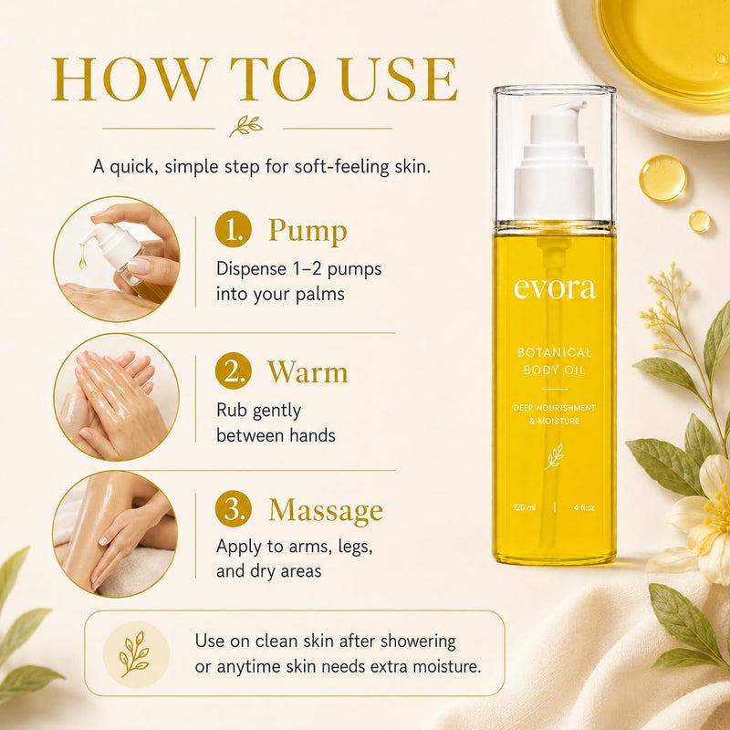 TRICK Evora Botanical Body Oil for Crepey Skin & Aging Skin, Firming Body Oil with Wakame Algae, Brazil Nut Oil & Vitamin E, Fast Absorbing Moisturizing Body Oil for Dry Skin, Non-Greasy, 4 Fl Oz
