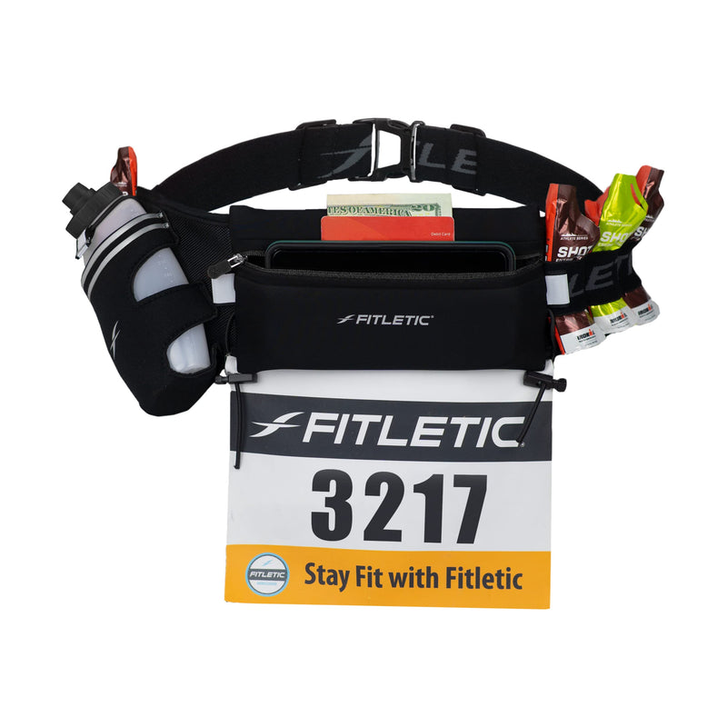 Fitletic Hydration Running Belt With 12oz Quick Flow Water Bottle For Men & Women –Race Belt, Gel Holder & Bib Toggles Patented Bounce Free Design, Water Resistant Fits All Phones –Fully Loaded Black S/M (24"-34")