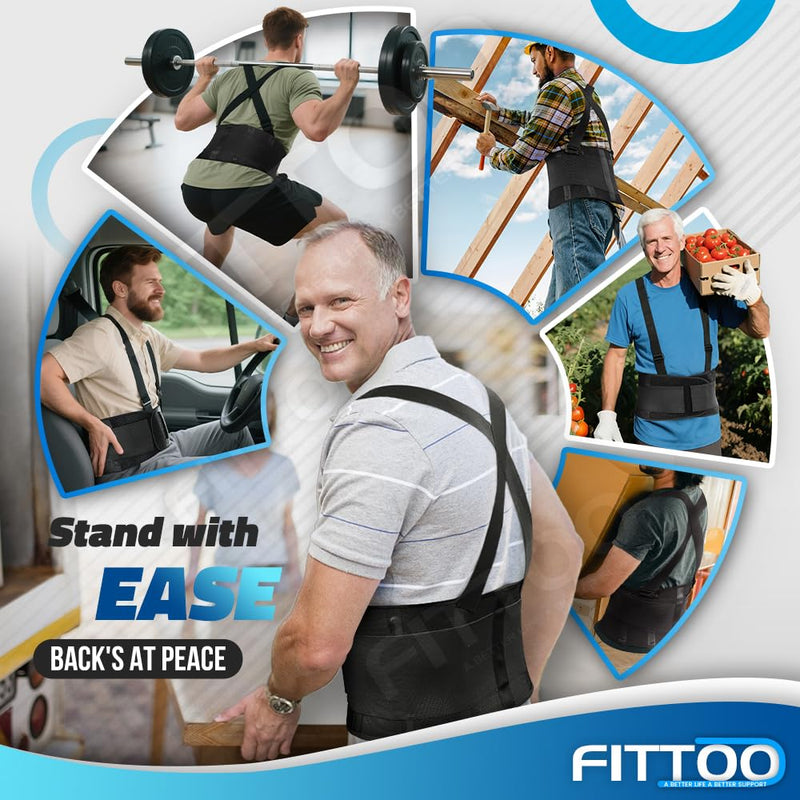 FITTOO Working Lumbar Lower Back Brace Support Belt with Adjustable Straps - Back Pain Relief, Injury Recovery, Heavy Lifting Support, Back Brace with Suspenders Black X-Large (Pack of 1)