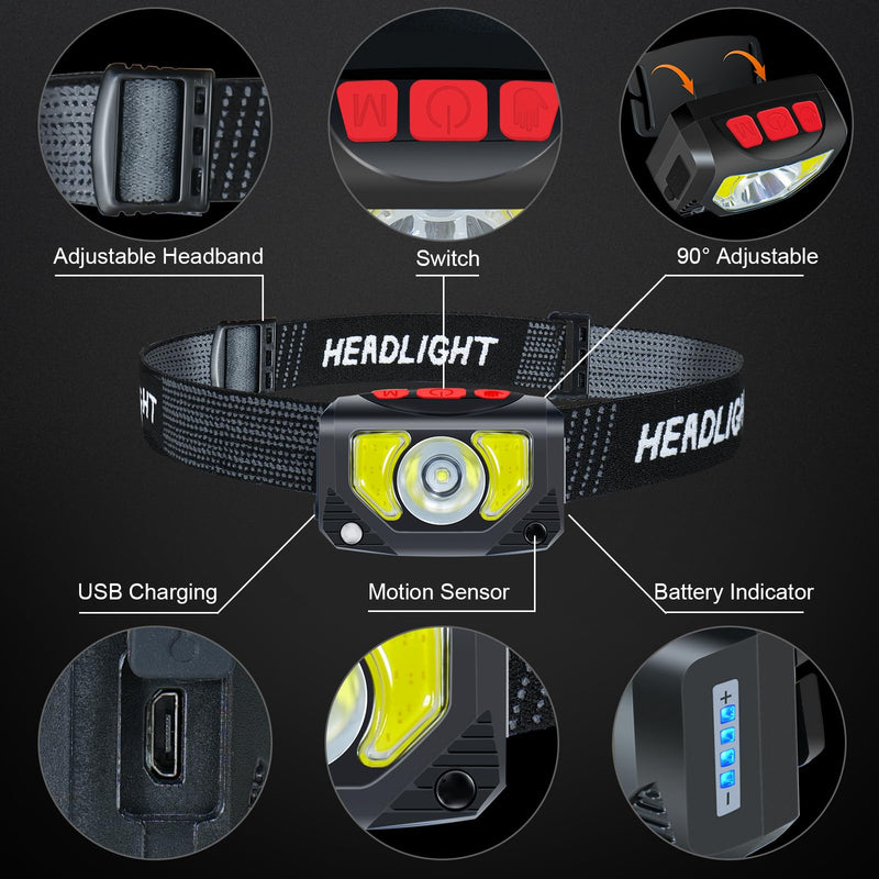 LED Headlamp Rechargeable, 4 Pack Head Lamp Flashlight Headlight Light with Motion Sensor for Outdoor Camping Biking Running Fishing