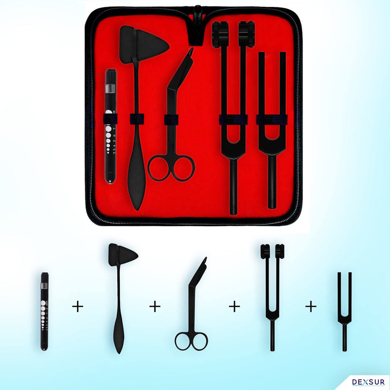 Diagnostics Kit - Percussion Taylor Reflex Hammer + C 128 & C 512 Tuning Forks + Bandage Scissors + Pupil Gauge Pen Light in Carrying Case - 6 Pieces Set - Full Black