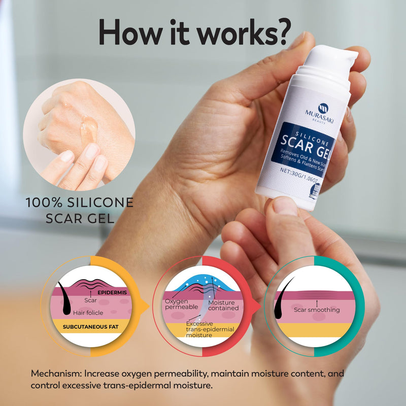 100% Silicone Scar Gel Scar Cream - Advanced Scar Gel for Surgical Scars, C-Section, Stretch Marks, Acne, Injury, Burns, Keloids, Old and New Scars 1.06oz(30g) (Maximum Strength 100% Silicone) Maximum Strength 100% Silicone