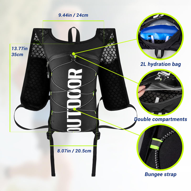 Running Vest Hydration Backpack with 2L Water Bladder, Adjustable Hydration Running Vest for Women Men, with Multiple Pockets, Reflective Strip, Whistle, Quick-Drying Fabric