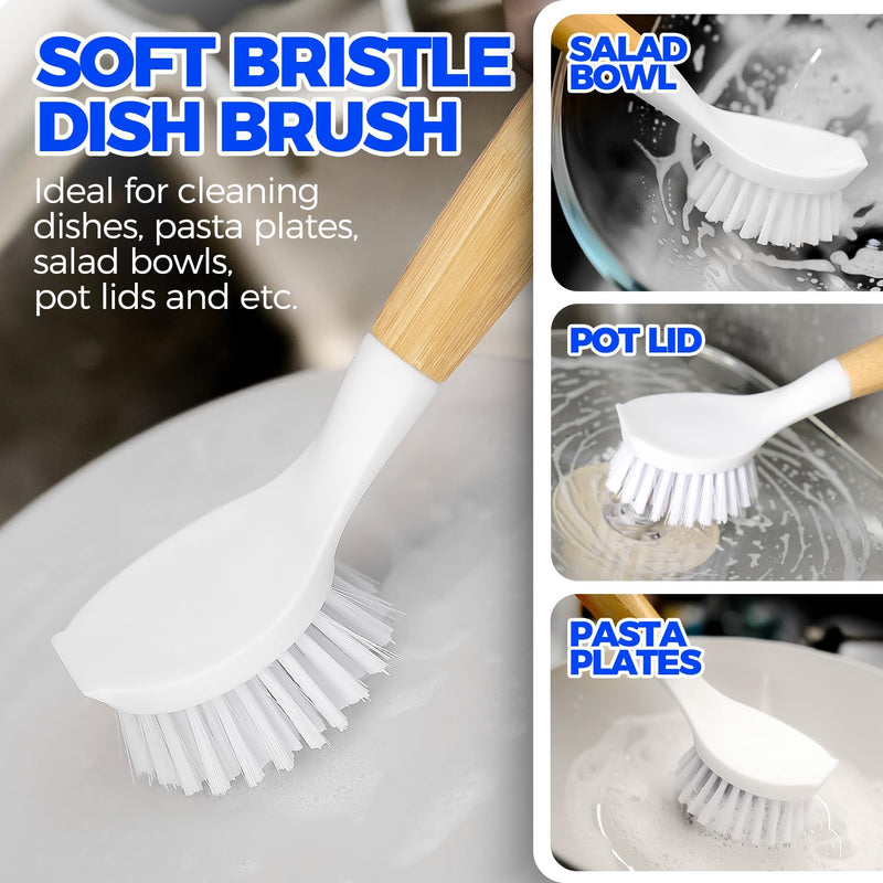 Holikme 3 Pack Dish Brush Set with Bamboo Handle, Kitchen Scrub Brush for Cleaning Dish, Pot, Sink and Stove, Skillet Scrubber with Tough Bristles for Cast Iron Grill Pan, Yellow White Black - BeesActive Australia