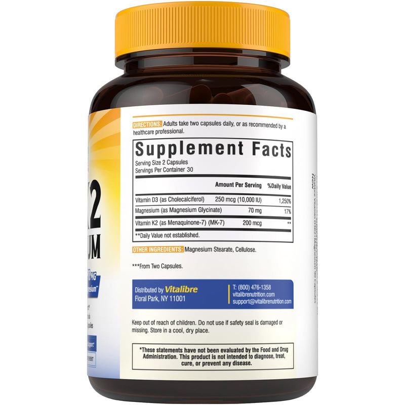 Vitalibre D3 K2 + Magnesium Supplement, 10000 IU Vitamin D3 & 200 mcg K2, with Magnesium Glycinate, Bone, Teeth, Immune & Energy Support, High Absorption, Non-GMO, Easy to Swallow, 60 Capsules 60 Count (Pack of 1)
