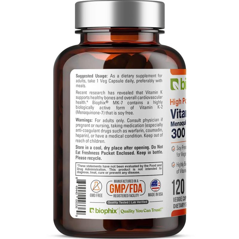biophix Vitamin K2 MK-7 300mcg, 120 Vegan Capsules – High-Potency Supplement for Bone Strength and Immune Health 120 Count (Pack of 1)