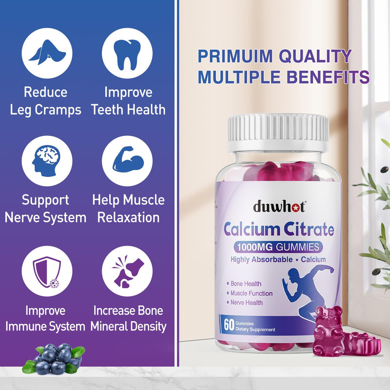 Calcium Citrate Gummies, Chewable Calcium Citrate 1000mg for Bone, Muscle & Immune Support, Ultimate Absorption Calcium Supplements for Women & Men, Blueberry, 60 Chews - BeesActive Australia