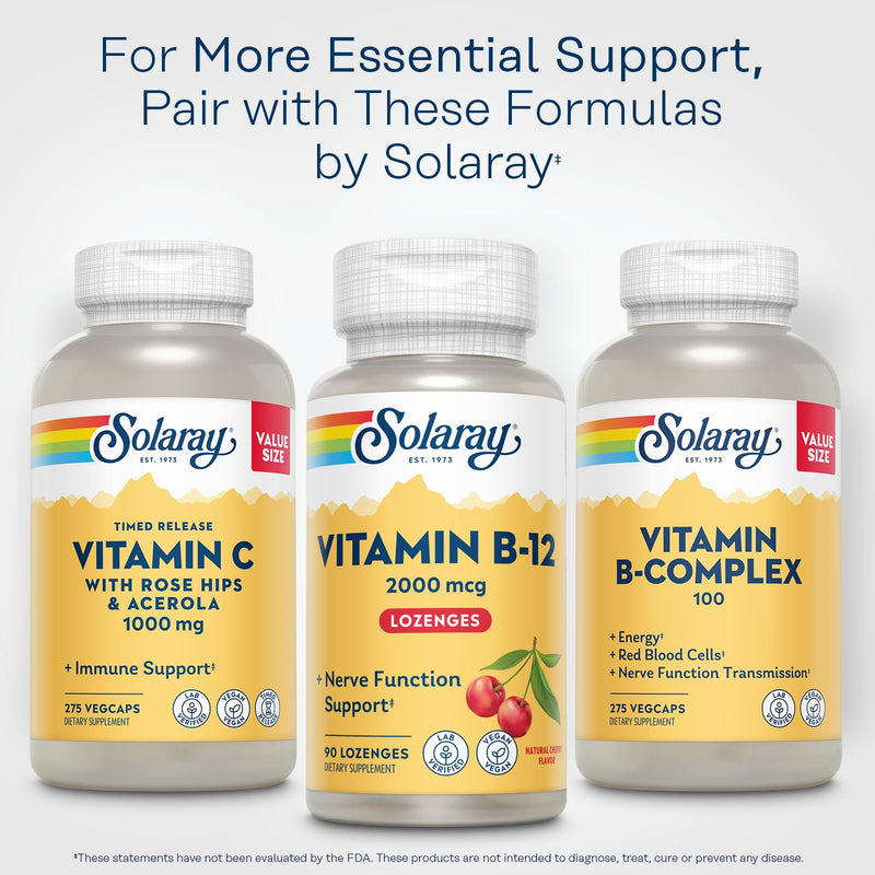 SOLARAY Vitamin B12 2000 mcg Lozenges - No Sugar, Natural Cherry Flavor Vitamin B 12 Supplement for Nerve Function, Energy and Red Blood Cell Support - Lab Verified, Vegan - 90 Servings, 90 Lozenges | Nerve, Energy & Red Blood Cell Support - No Sugar C...