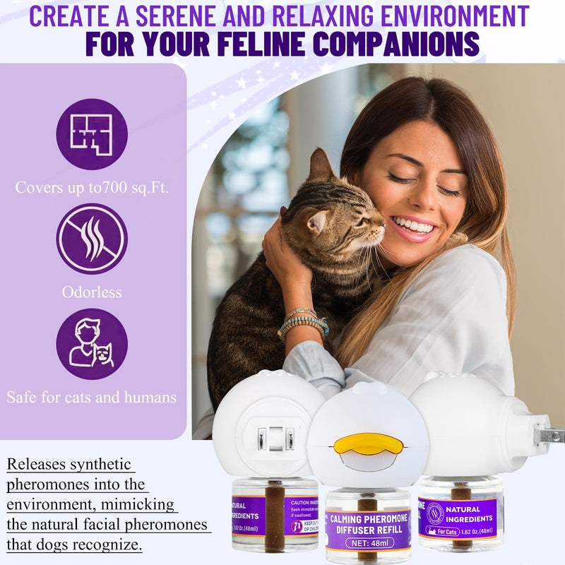 3 x 30 Day Cat Pheromones Calming Diffuser, Cat Calming Diffuser Refills for Stress, Pee Spraying, Aggression, Excessive Meowing & Scratching, 1 Diffuser & 3 Refills GREEN