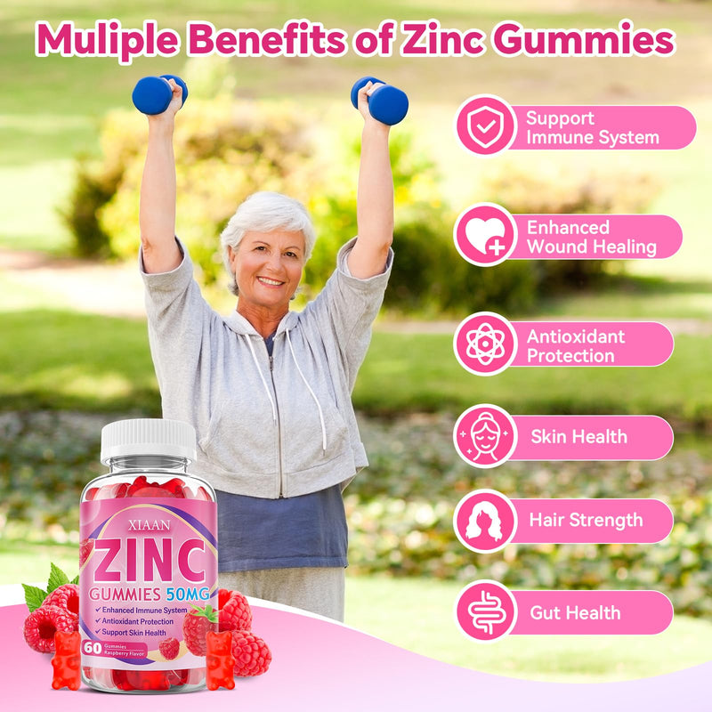 Zinc Picolinate Gummies 50mg for Kids & Adults, Chewable Zinc Supplements for Women & Men Supports Immune System & Cellular Health & Antioxidant, Vegan/Sugar-Free, Raspberry Flavor 60 Count 60 Count (Pack of 1)