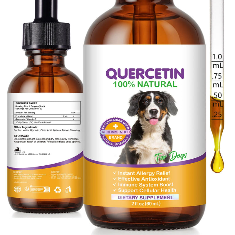 Quercetin for Dogs 60ml, Bacon Flavor Dog Antihistamine with Vitamin C for All Breeds & Sizes Dogs