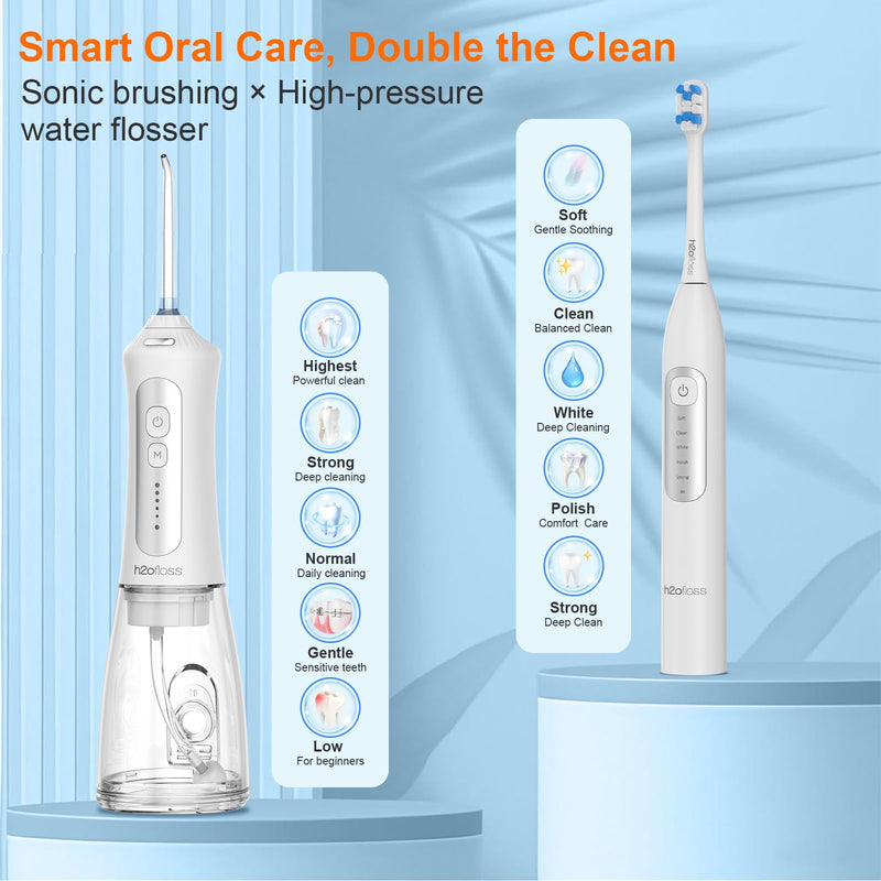 H2ofloss Sonic Electric Toothbrush and Water Flosser Combo, Rechargeable 2000mAh Toothbrush and 2500mAh Oral Irrigator with 300ml Tank, 4 Brush Heads, 5 Nozzles, 2 in 1 for Home and Travel (White) White