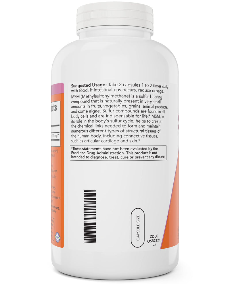 Now MSM 1000mg Veg Capsules, 400 Count Methyl-Sulphonyl-Methane, Made in USA, Sulfur Supplement, Non-GMO, Vegan Vegetarian Friendly 400 Count (Pack of 1)