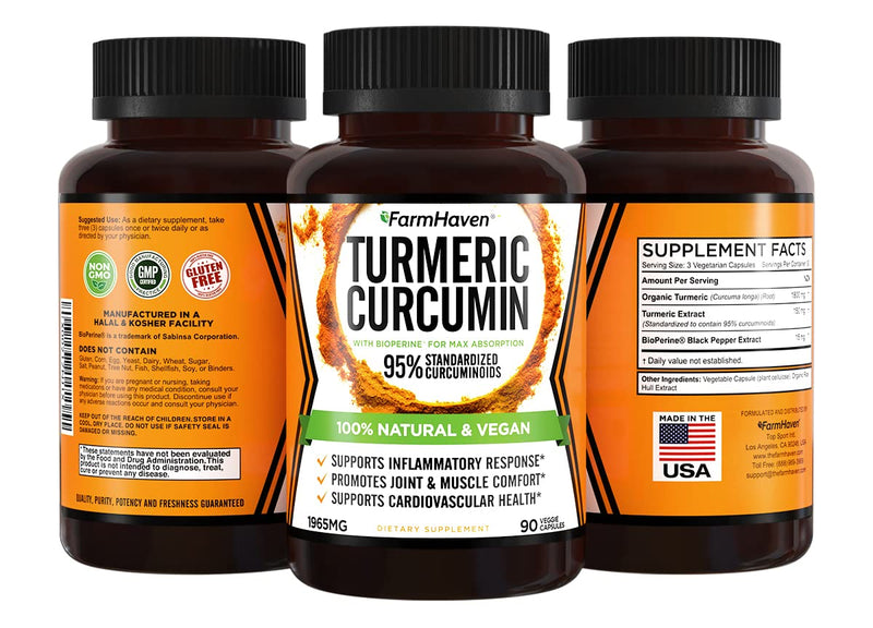 Turmeric Curcumin with BioPerine Black Pepper & 95% Curcuminoids, 1965mg, Maximum Absorption for Joint Support, Non-GMO Turmeric Capsules, Made in USA - 90 Veg Caps - BeesActive Australia