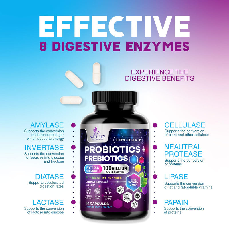 Probiotics 100 Billion CFU Per Serving - 10 Premium Strains + Prebiotics - Best Probiotic Supplement for Women & Men - Supports Immune, Digestive Health, Occasional Constipation & Gas - 60 Capsules 60 Count (Pack of 1)