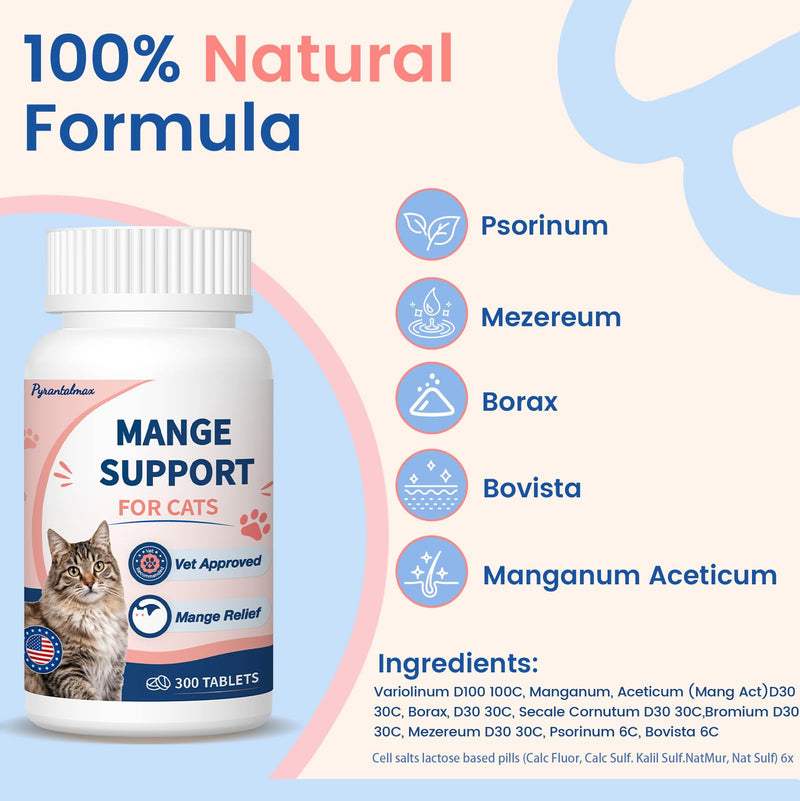 Mange Support for Cats – Supports Hair & Skin Health, Relief for Itchy Skin, Scratching, Scabs & Ears Care, Soothes Patchy Fur, Supports Scabby Cat, Safe for Feral & Stray Cats – 300 Pills