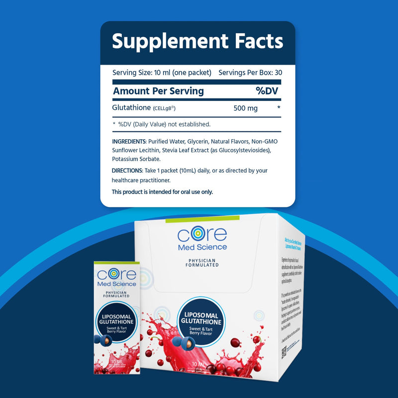 Core Med Science Liposomal Glutathione Supplement, Sweet & Tart Berry | Glutathione Drink Mix for Detox Support - Antioxidant Supplement for Energy, Brain Health, Skin & Liver Health - 30 Pack 10.14 Fl Oz (Pack of 1)