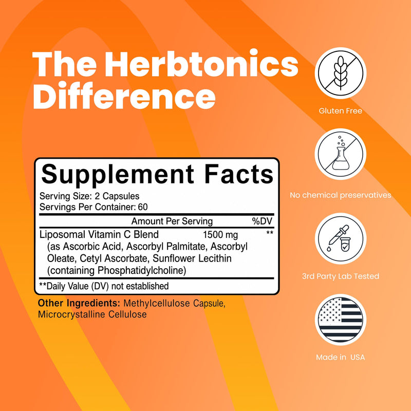 Herbtonics Liposomal Vitamin C Capsules 1500mg Immune Support Supplement | Immune System Health | High Absorption Vitamin C | Contains Collagen | 120 Vegan Capsules Non-GMO 120 Count (Pack of 1)