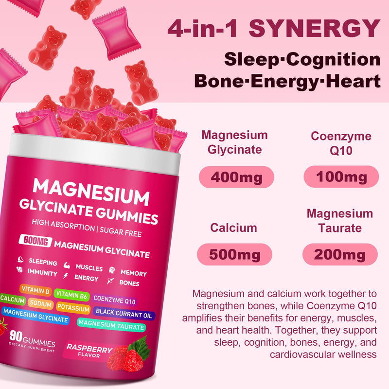 Magnesium Glycinate Gummies 600mg, High Absorption Magnesium Complex, Sugar Free Chewables Gummies with VitaminD & B6, CQ10 for Adults & Kids, Relaxation, Muscle & Zzz Support 90 Count (Pack of 1)