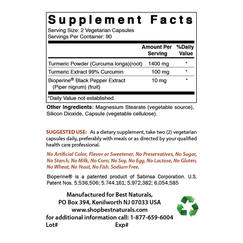 Best Naturals Turmeric Curcumin 1500mg/Serving with Bioperine - 180 Veggie Capsules - BeesActive Australia